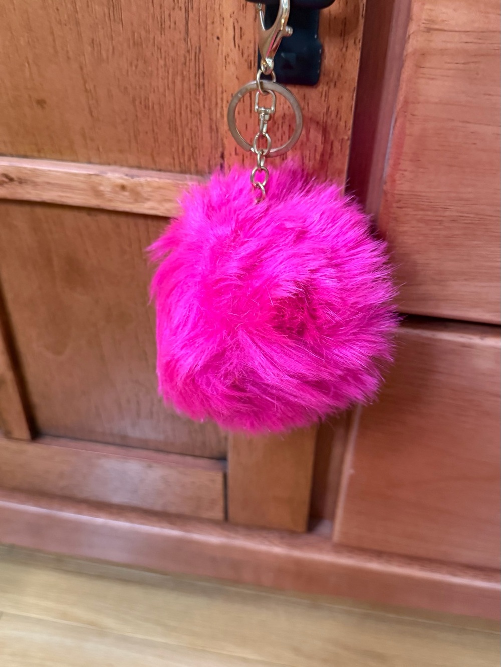 Faux Fur Pom Keychain - Hot Pink with gold accents